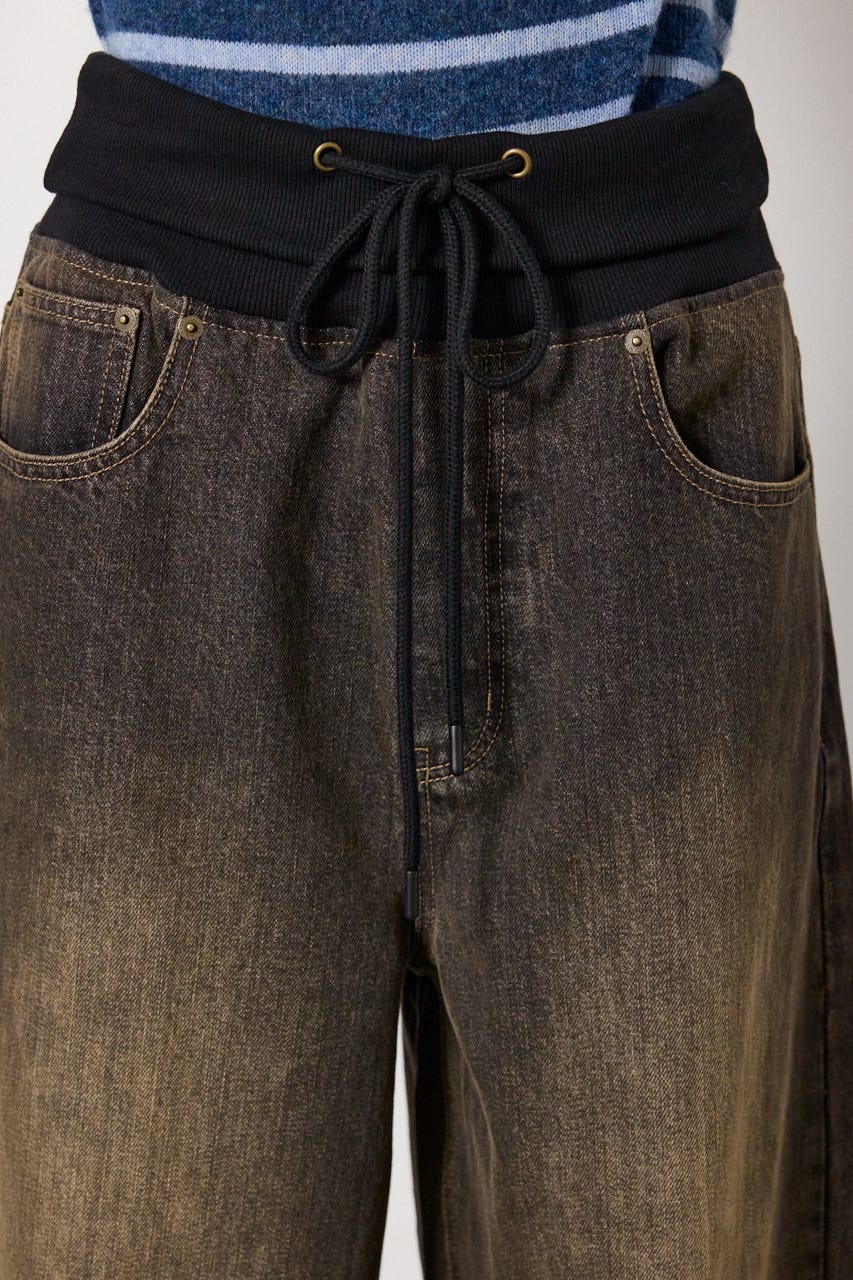 ウエストRIBウォッシュワイドDENIMパンツ BLK S