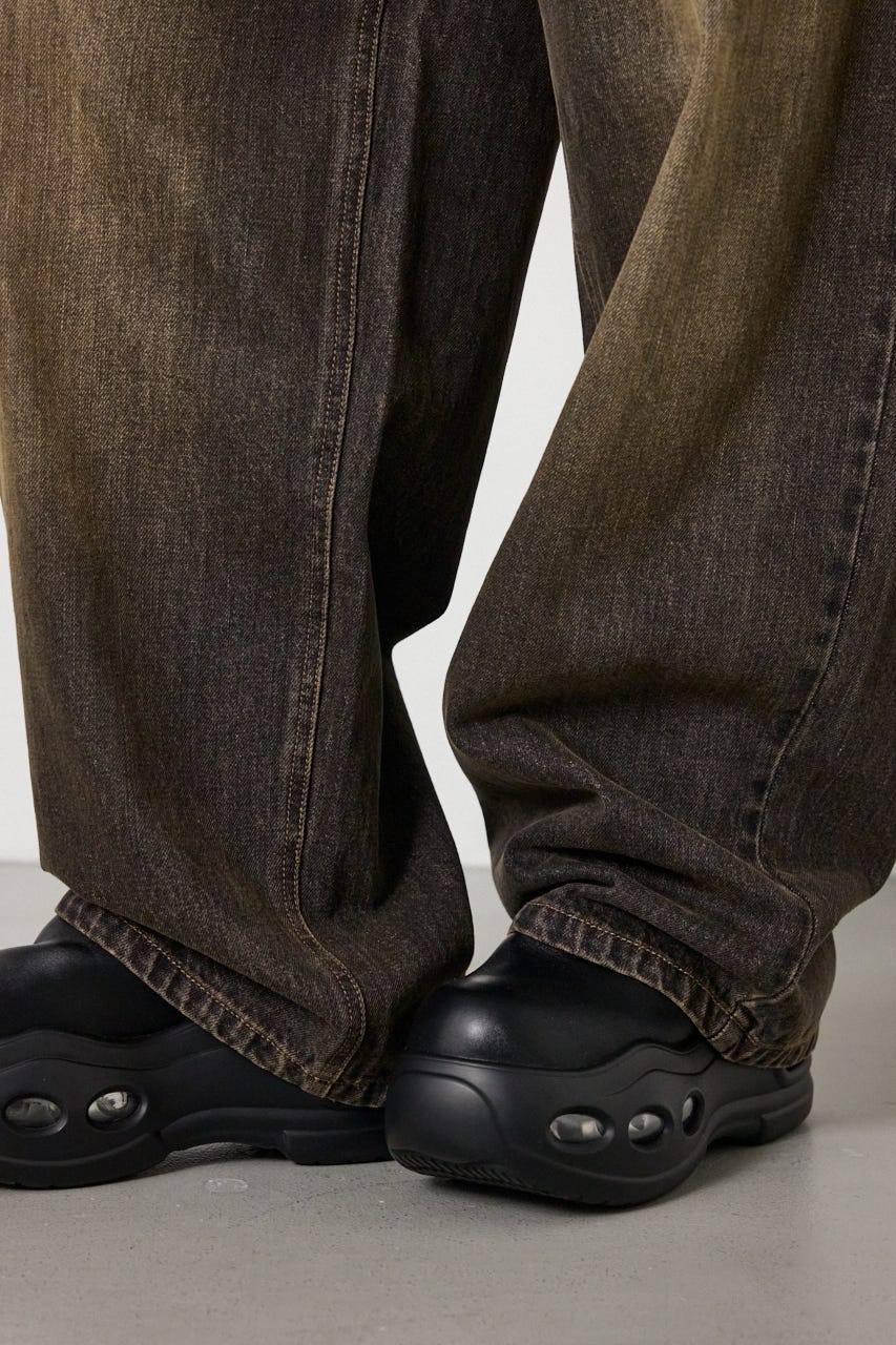 ウエストRIBウォッシュワイドDENIMパンツ BLK S