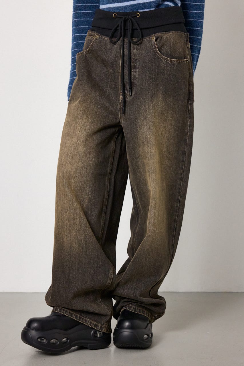 ウエストRIBウォッシュワイドDENIMパンツ BLK S