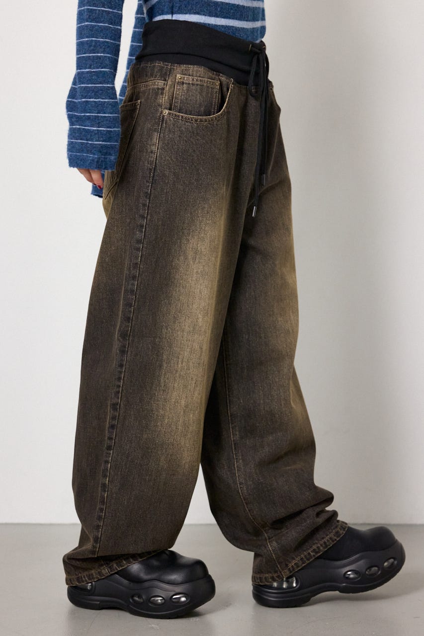 ウエストRIBウォッシュワイドDENIMパンツ BLK S