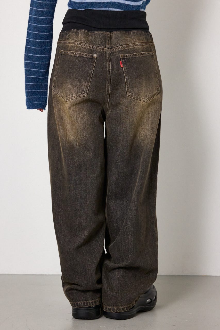 ウエストRIBウォッシュワイドDENIMパンツ BLK S