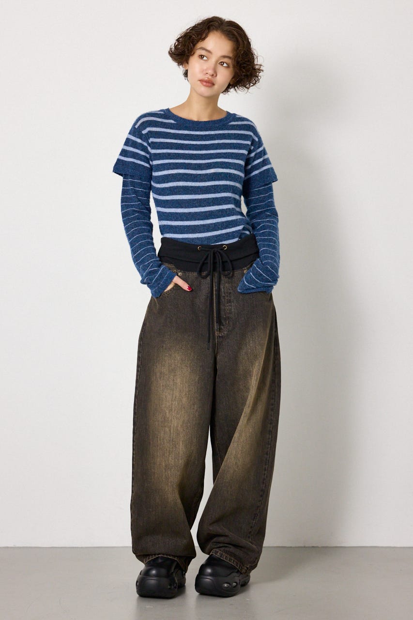 ウエストRIBウォッシュワイドDENIMパンツ BLK S