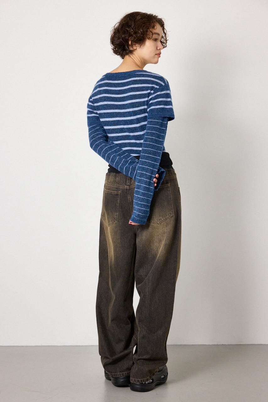 ウエストRIBウォッシュワイドDENIMパンツ BLK S