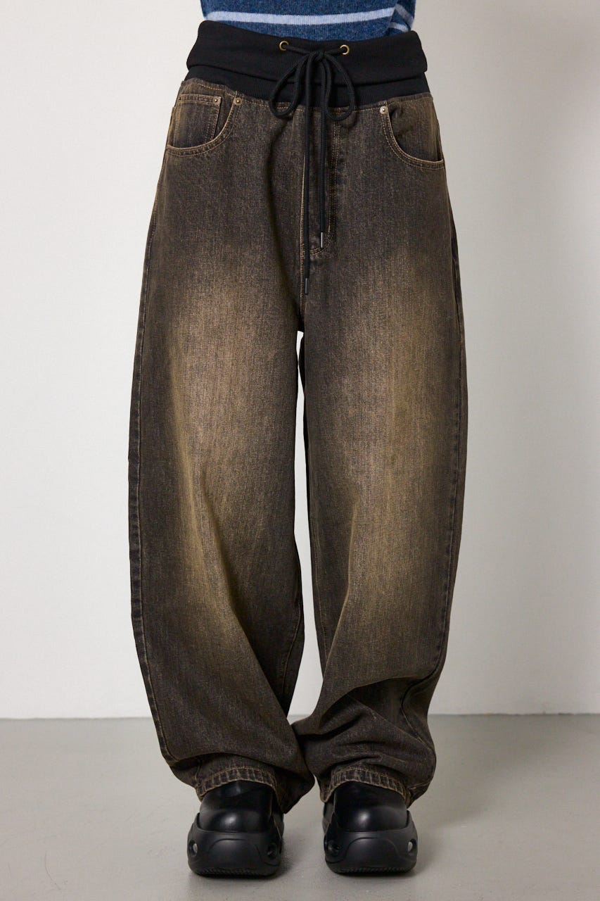 ウエストRIBウォッシュワイドDENIMパンツ BLK S