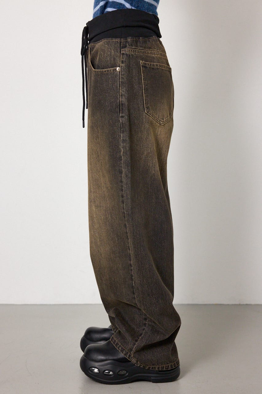 ウエストRIBウォッシュワイドDENIMパンツ BLK S