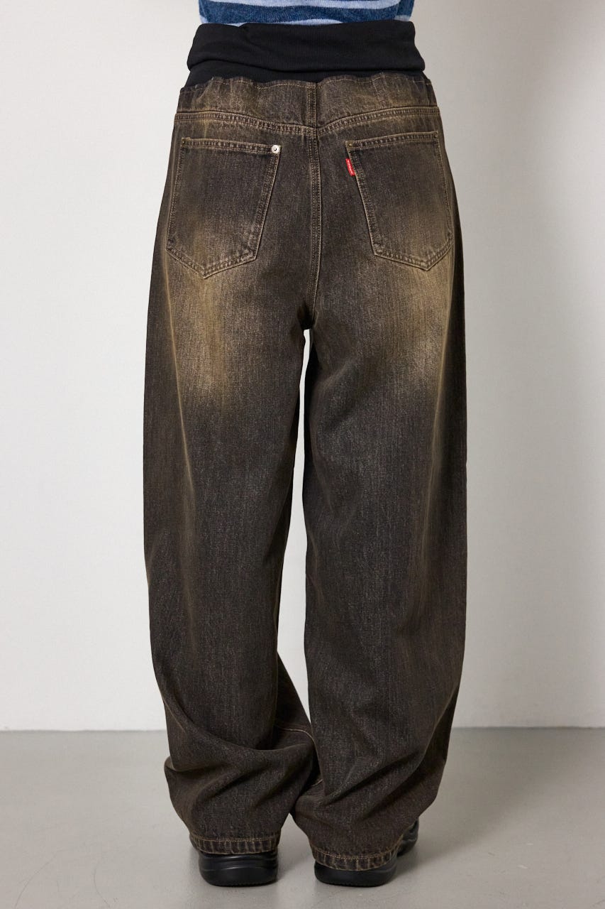 ウエストRIBウォッシュワイドDENIMパンツ BLK S