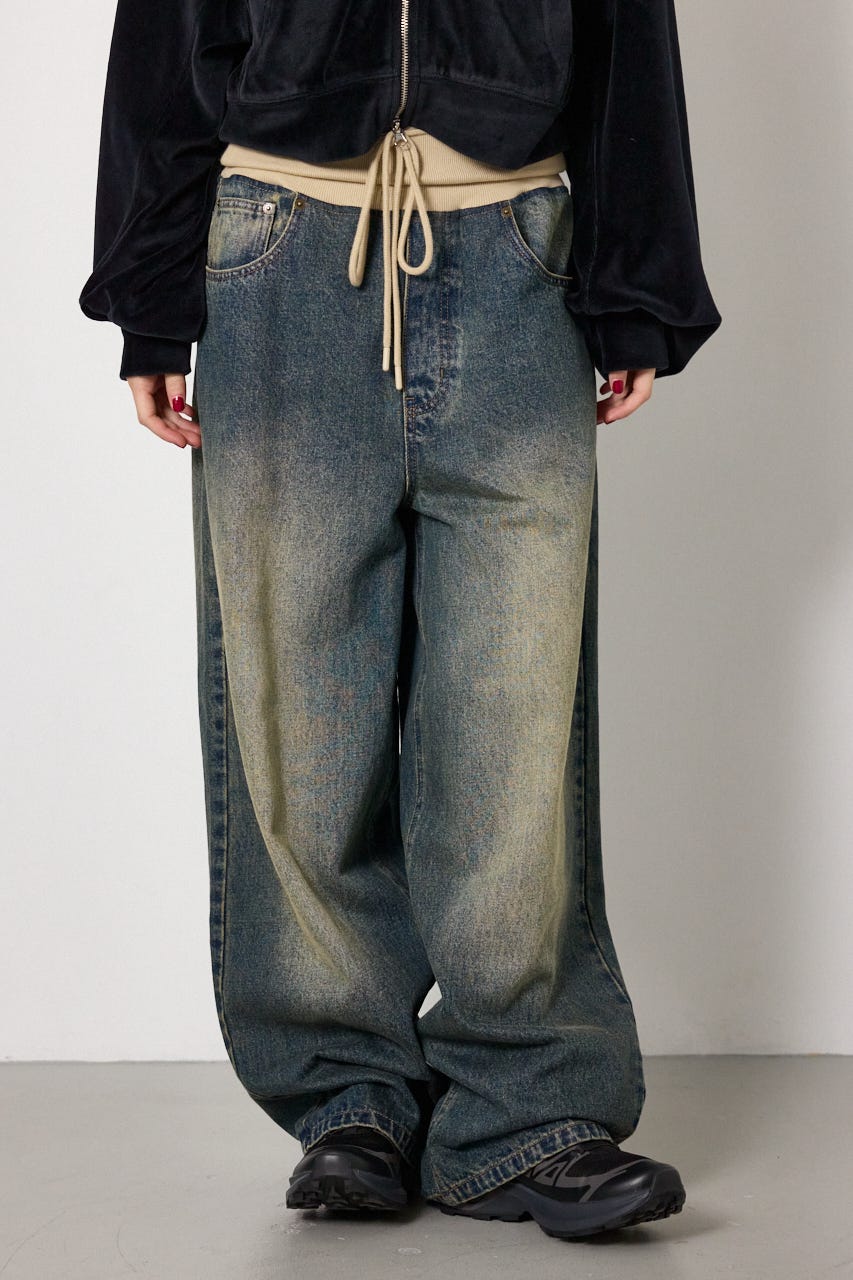 ウエストRIBウォッシュワイドDENIMパンツ BLU S