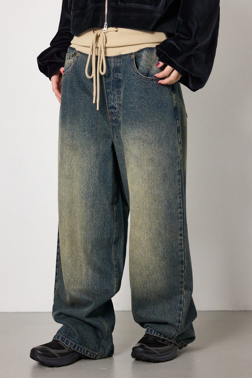 ウエストRIBウォッシュワイドDENIMパンツ BLU S