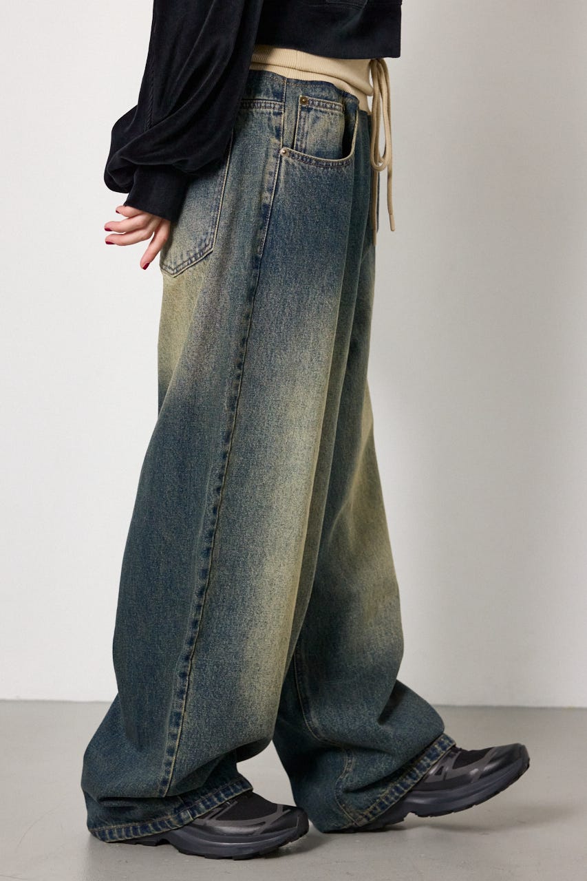 ウエストRIBウォッシュワイドDENIMパンツ BLU S