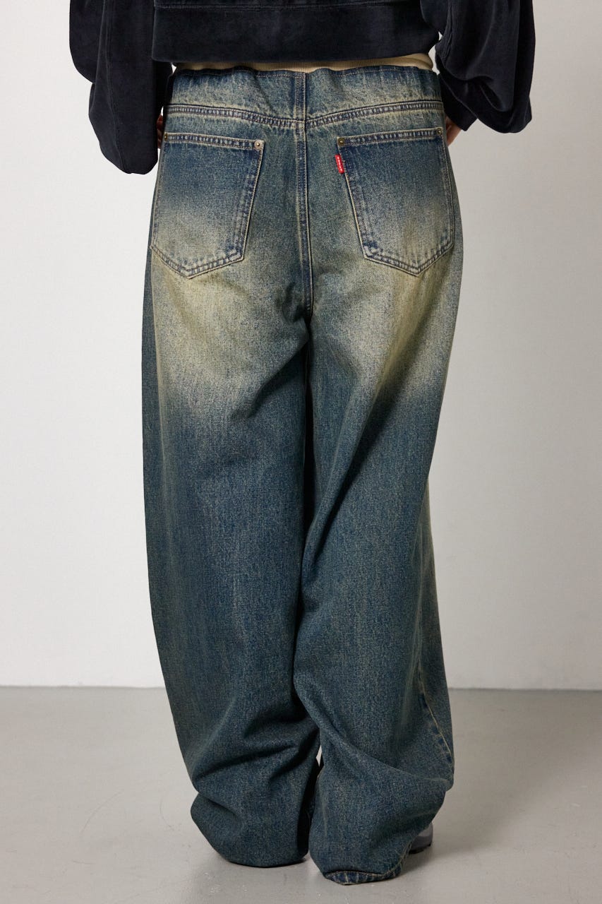 ウエストRIBウォッシュワイドDENIMパンツ BLU S