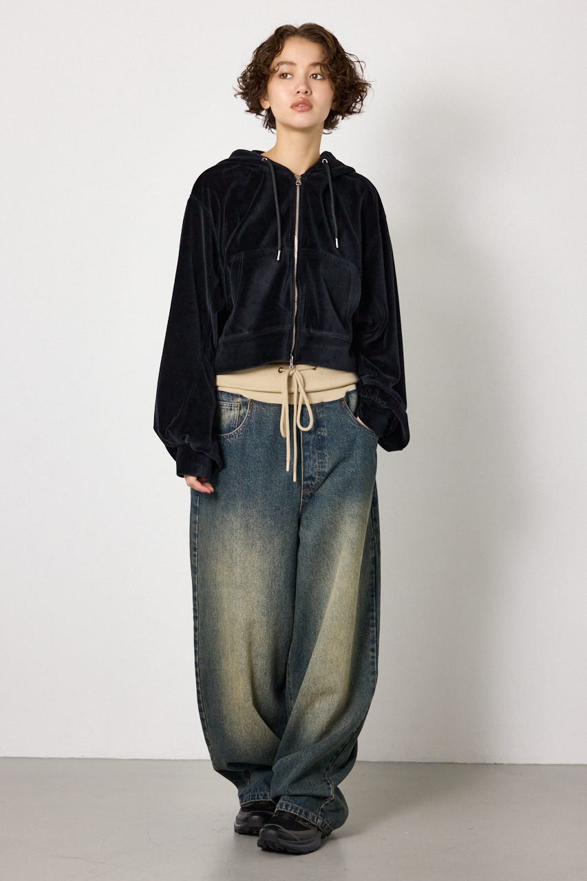 ウエストRIBウォッシュワイドDENIMパンツ BLU S