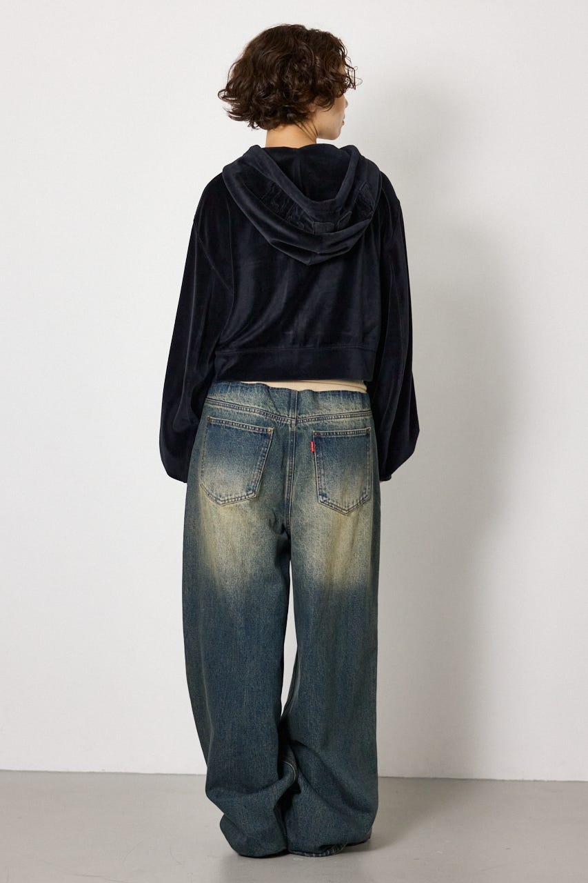 ウエストRIBウォッシュワイドDENIMパンツ BLU S