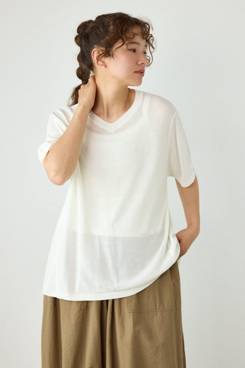 ネームパッチVネックニットトップス O/WHT FREE