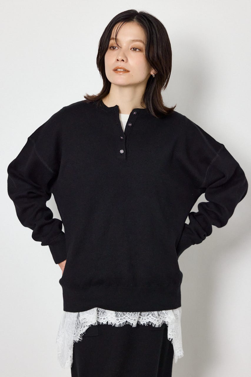 スウェットライクヘンリーニット BLK FREE