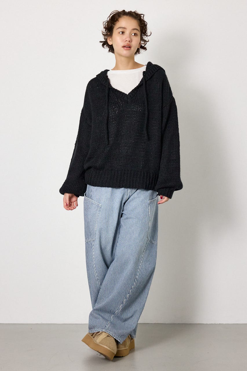 Vネックニットフーディー BLK FREE