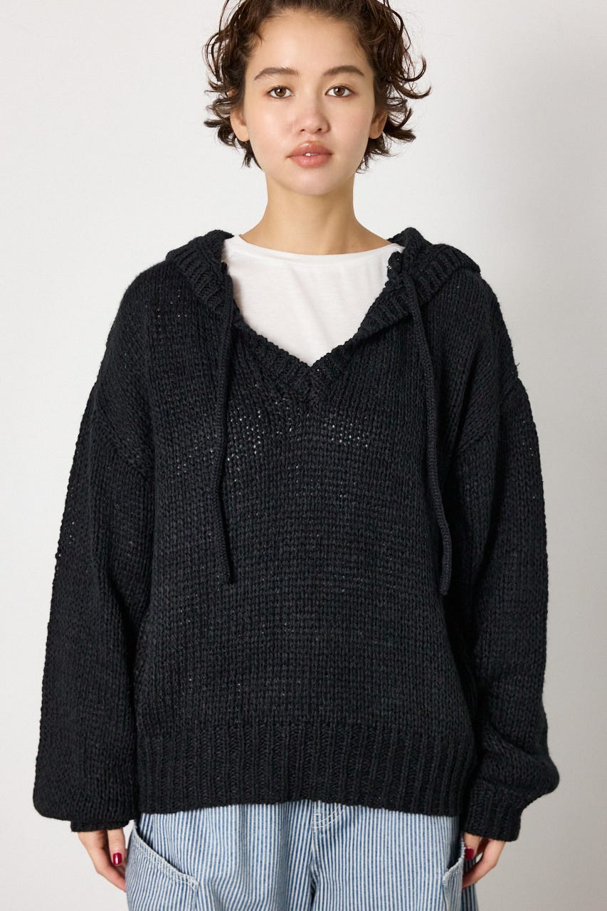 Vネックニットフーディー BLK FREE