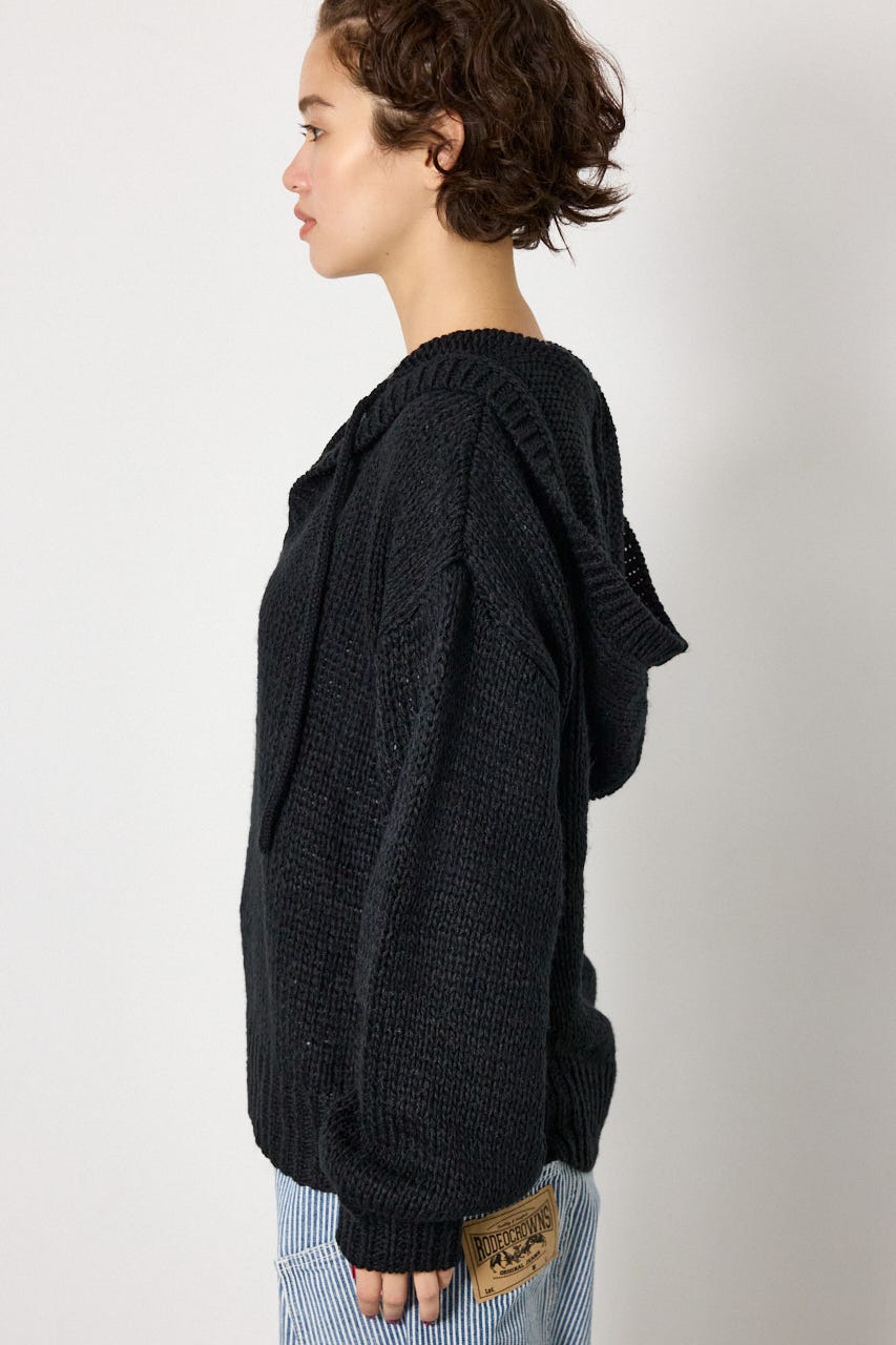 Vネックニットフーディー BLK FREE