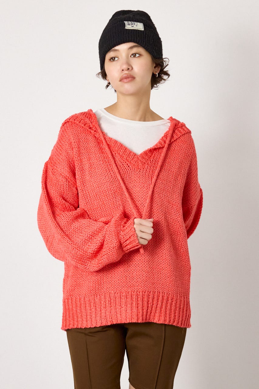 Vネックニットフーディー L/RED FREE