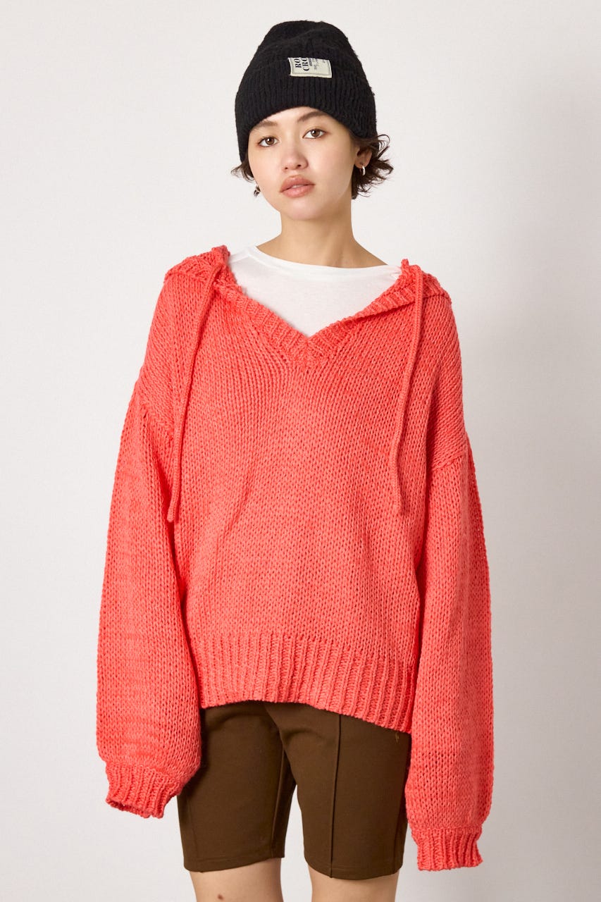 Vネックニットフーディー L/RED FREE