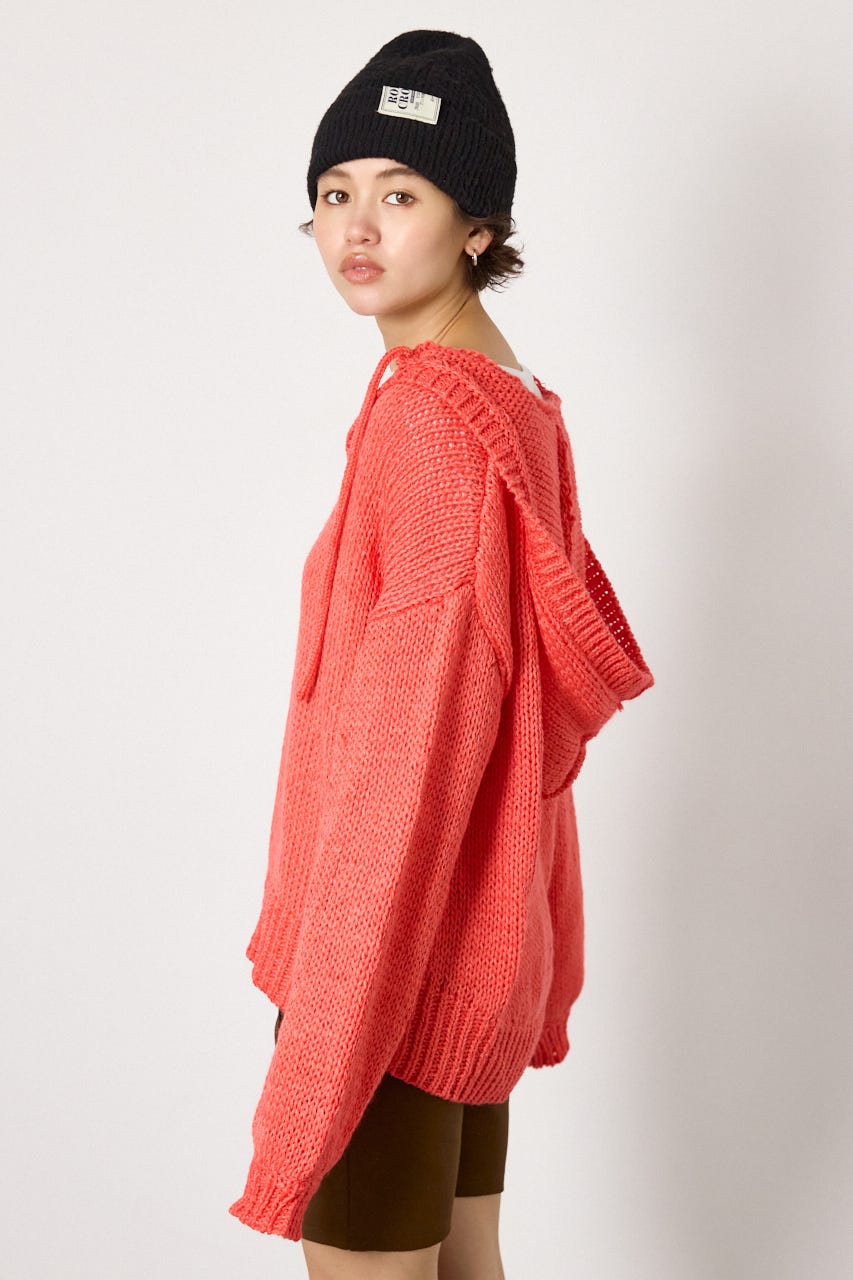 Vネックニットフーディー L/RED FREE