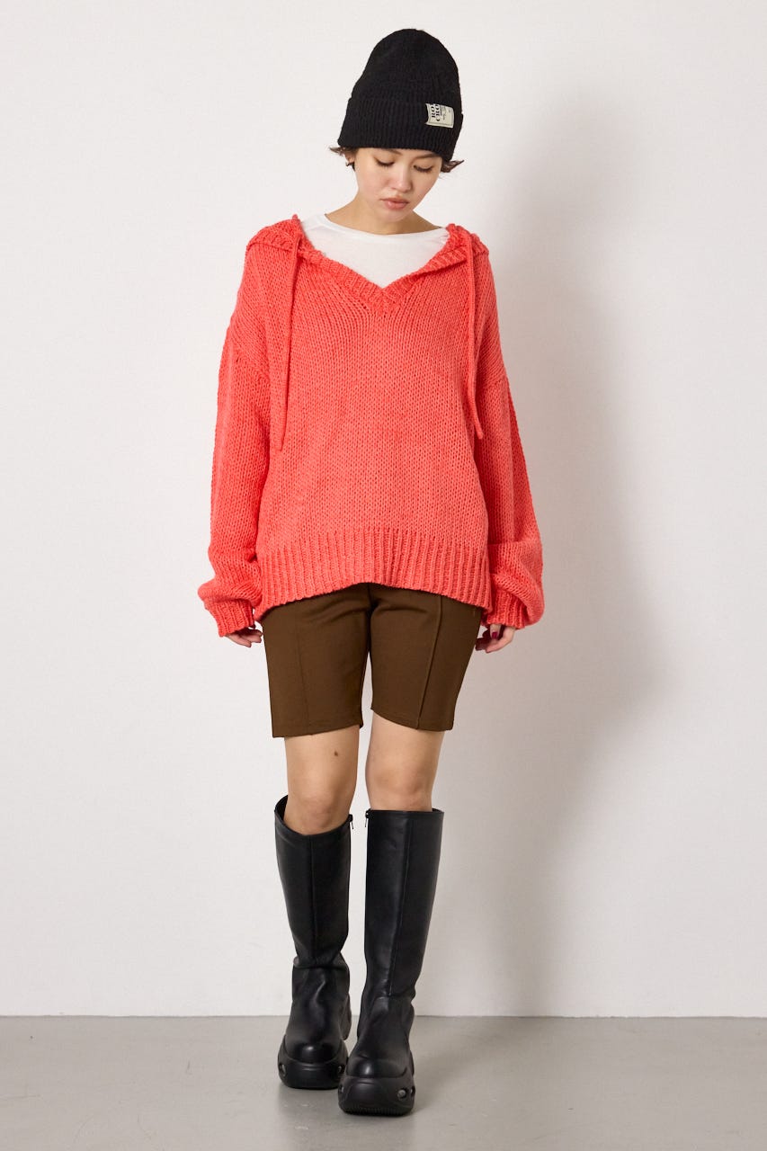 Vネックニットフーディー L/RED FREE