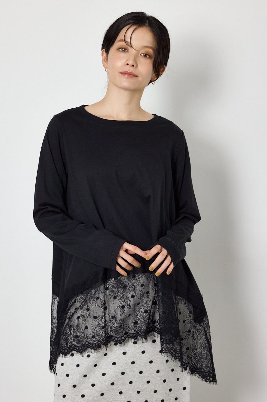 レースドッキングロングスリーブTシャツ BLK FREE