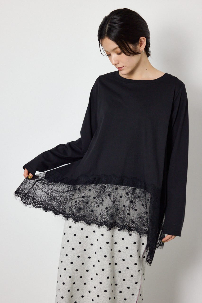 レースドッキングロングスリーブTシャツ BLK FREE