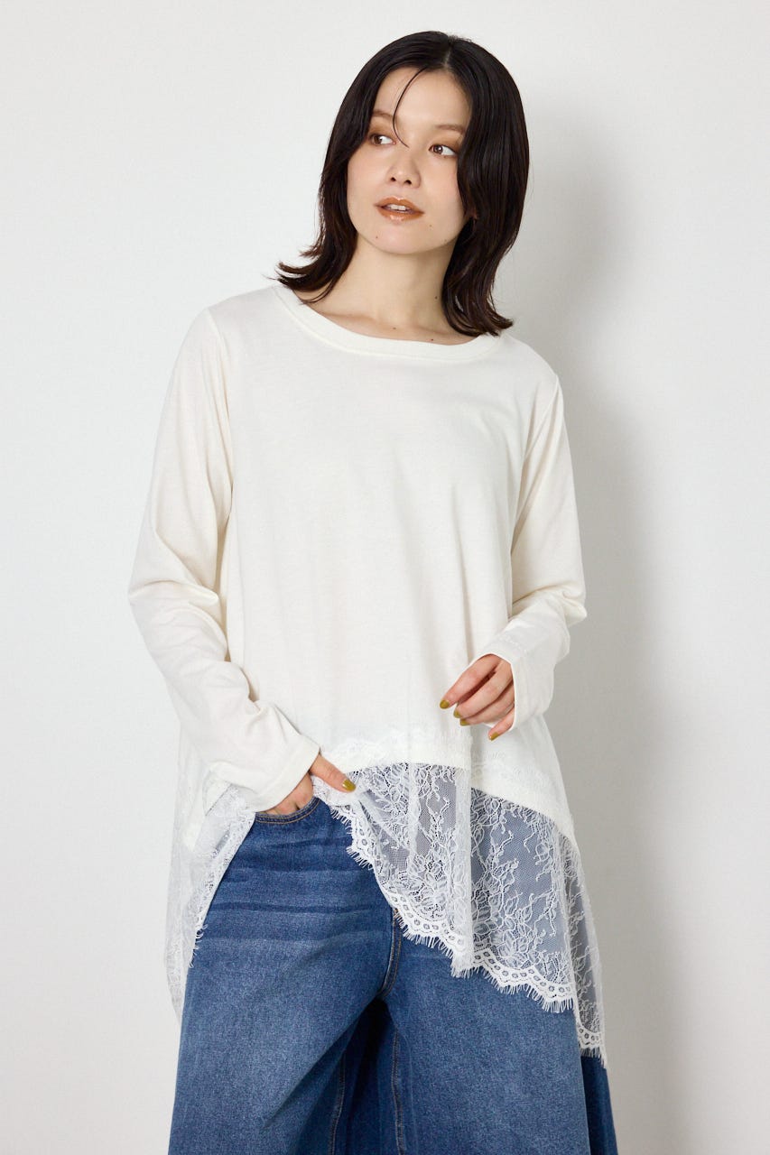 レースドッキングロングスリーブTシャツ WHT FREE