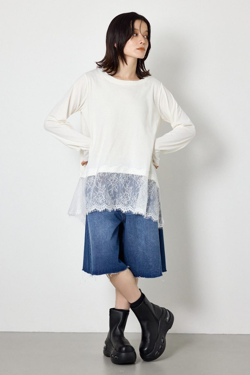 レースドッキングロングスリーブTシャツ WHT FREE