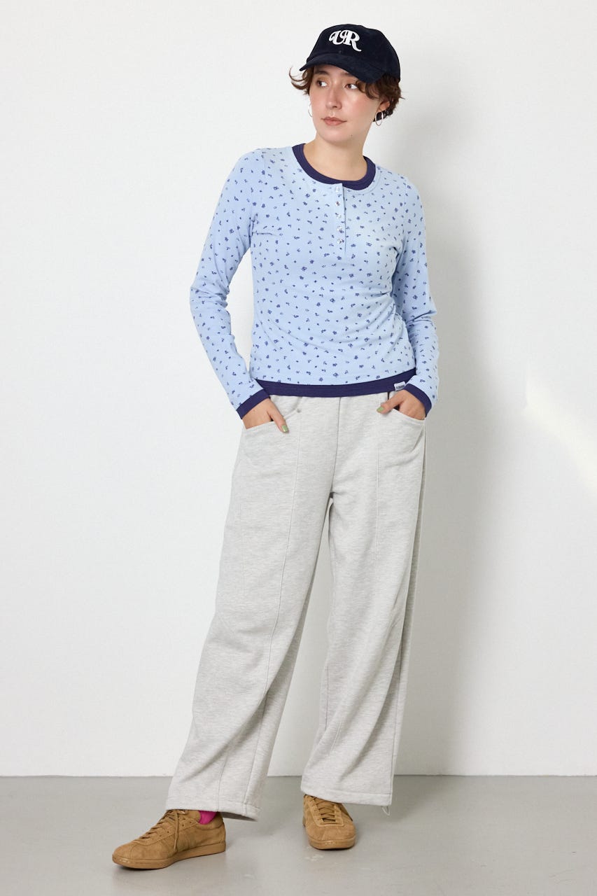 フェイクレイヤードヘンリーネックトップス 柄SAX FREE