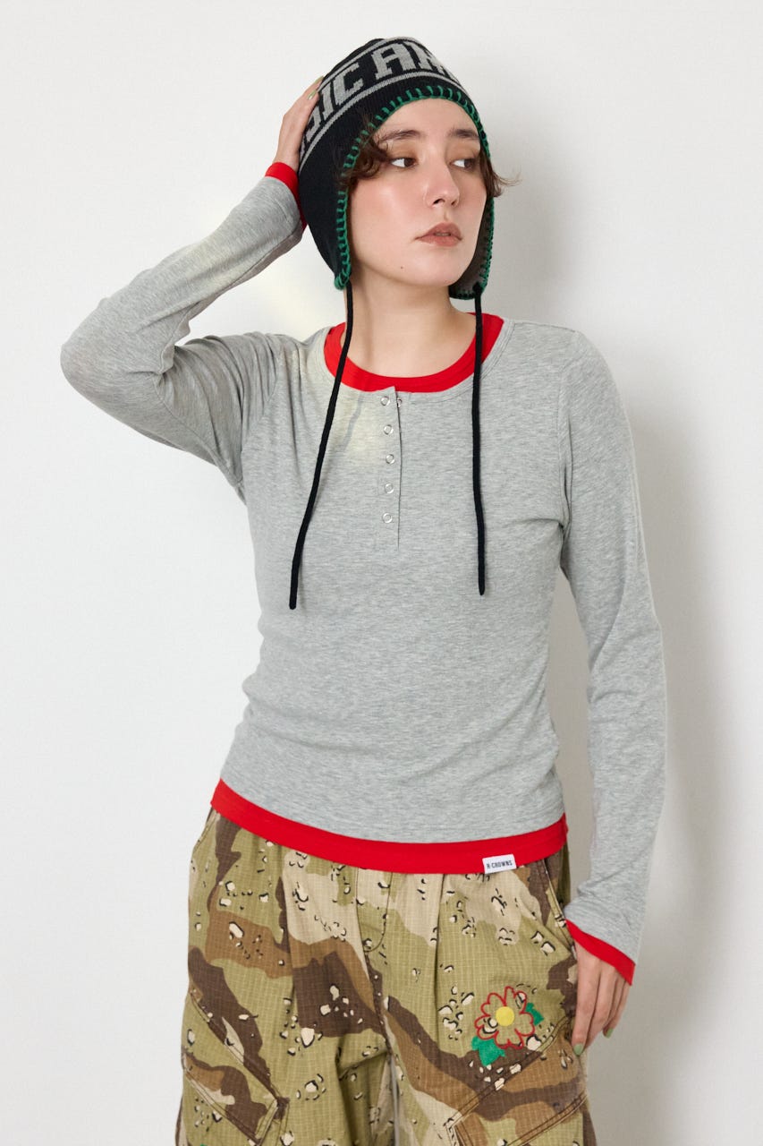 フェイクレイヤードヘンリーネックトップス T.GRY FREE