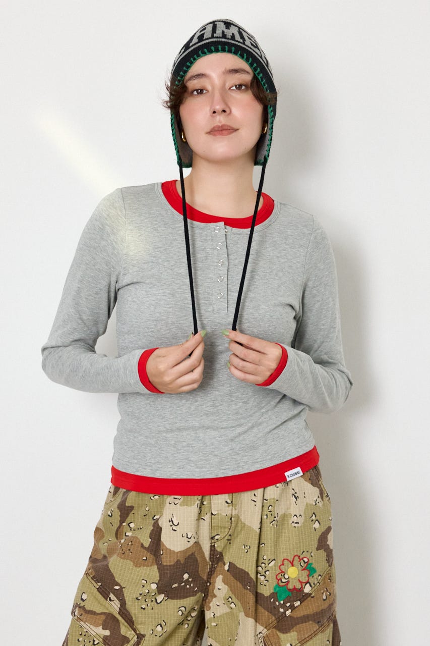フェイクレイヤードヘンリーネックトップス T.GRY FREE