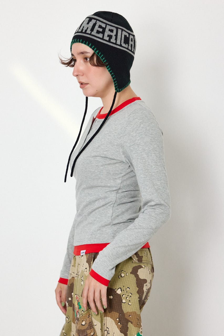 フェイクレイヤードヘンリーネックトップス T.GRY FREE