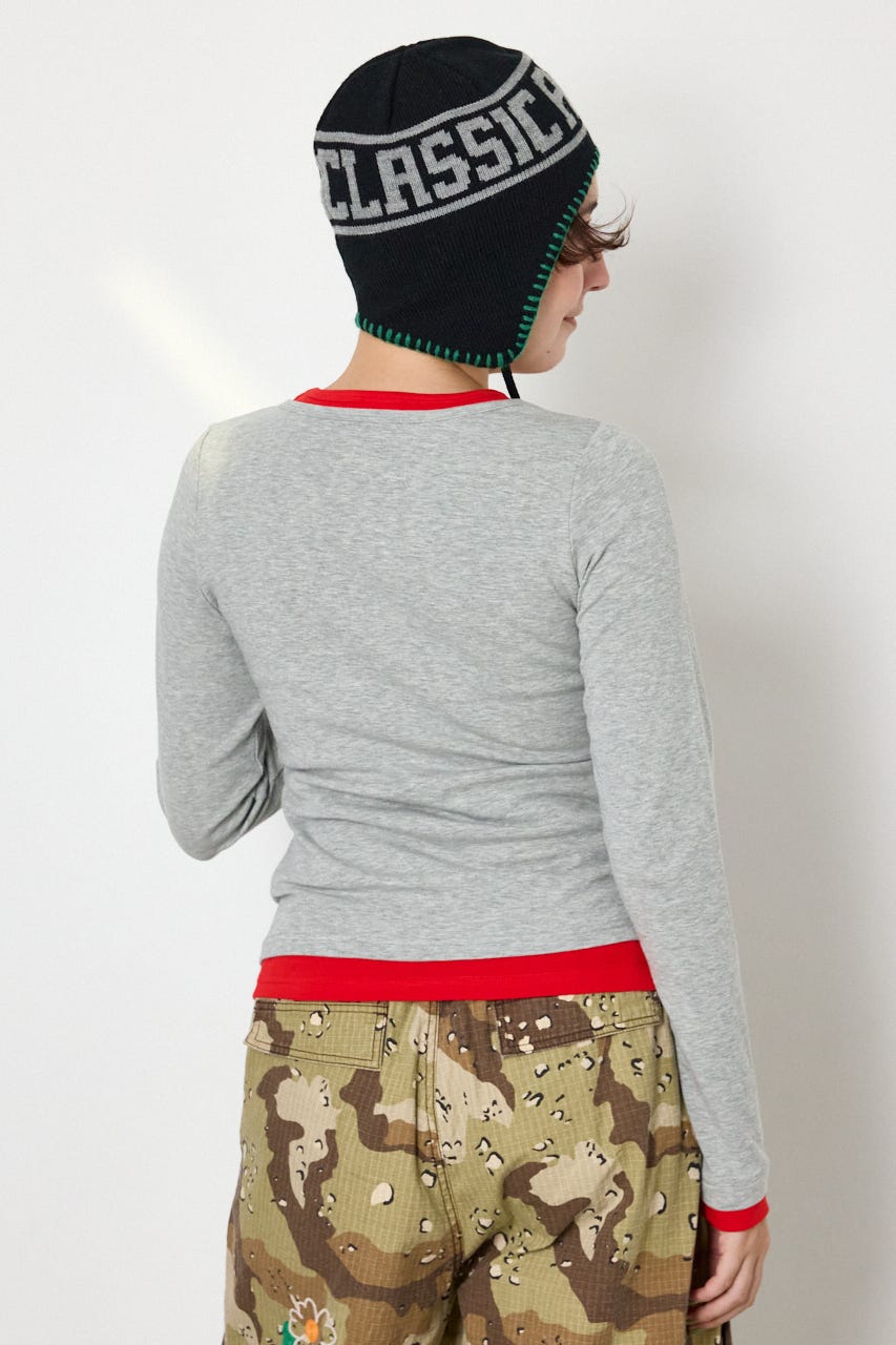 フェイクレイヤードヘンリーネックトップス T.GRY FREE