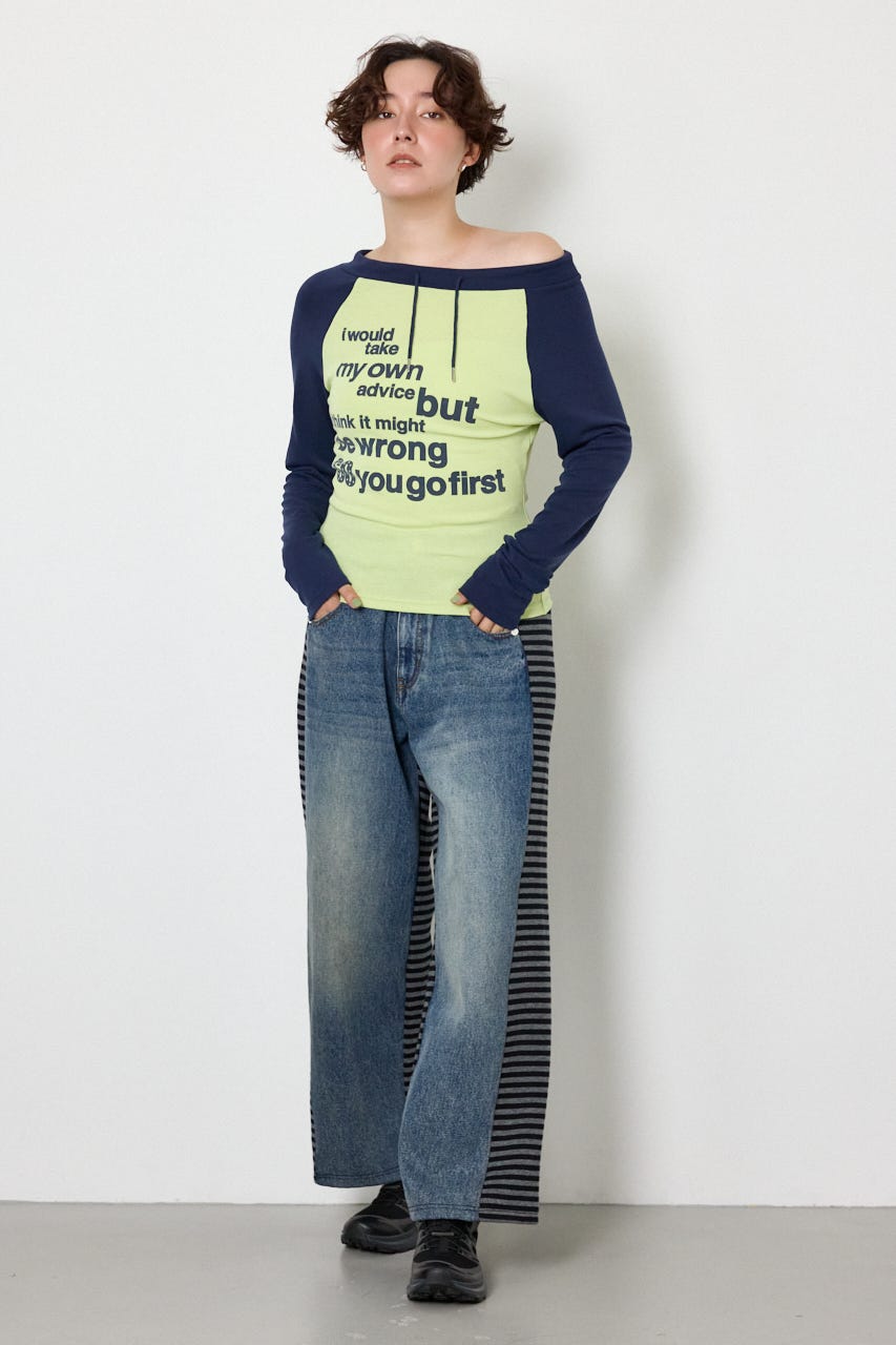 ワンショルラグランメッセージロングTシャツ NVY FREE