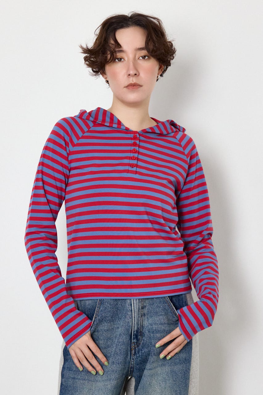 ボーダーフーディロンTEE 柄RED FREE