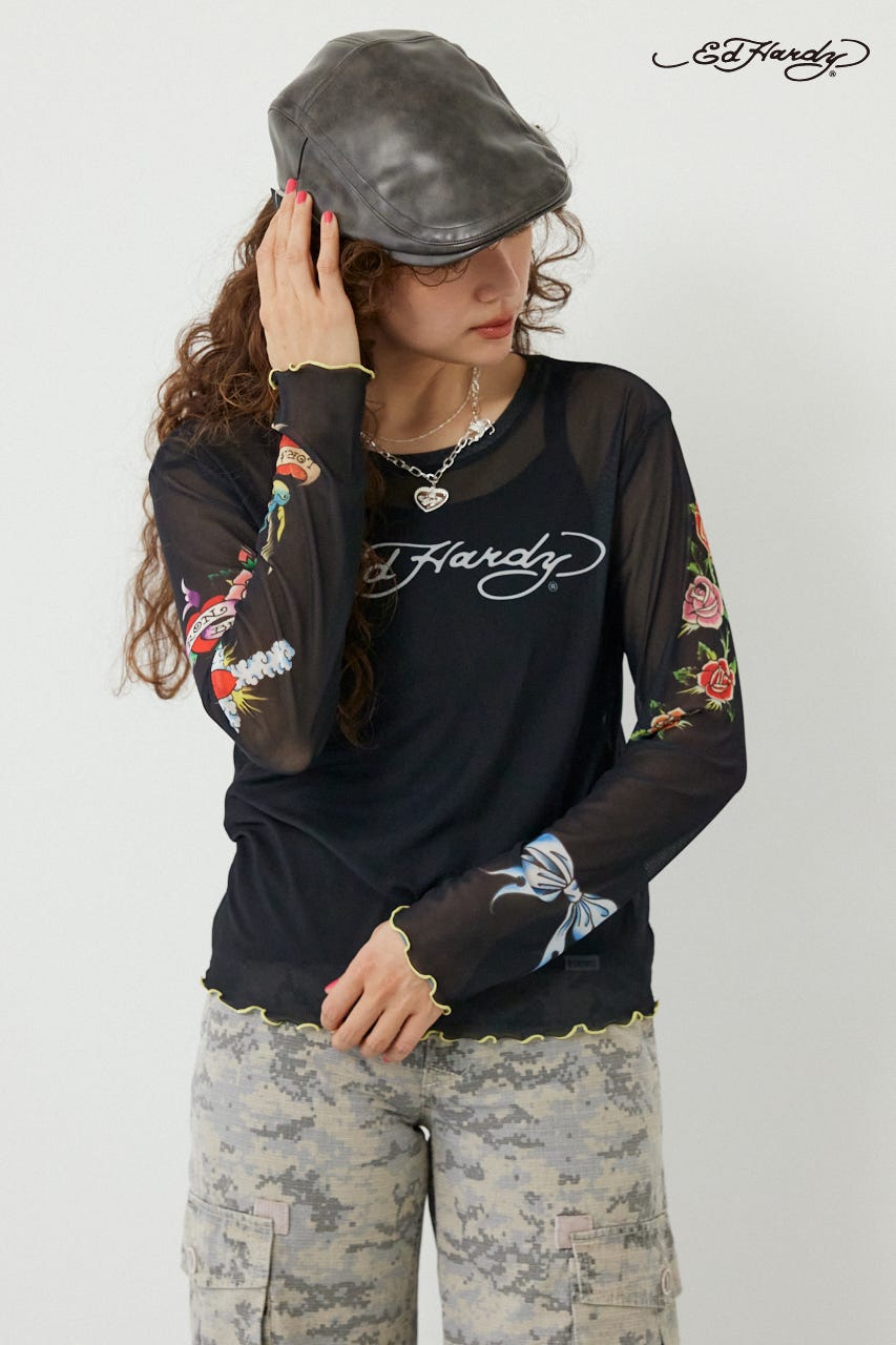 (Ed Hardy)シアーロングスリーブ Tシャツ BLK FREE
