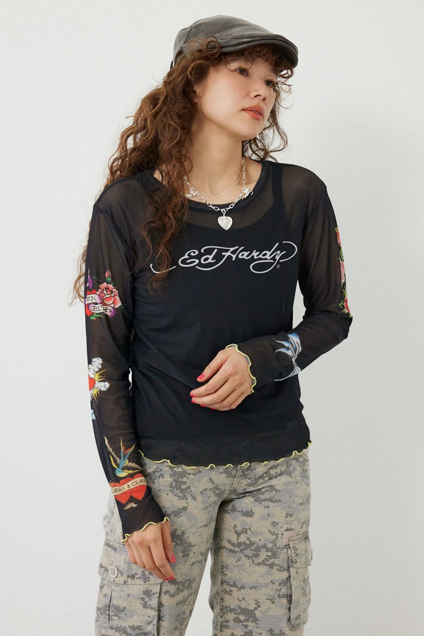 (Ed Hardy)シアーロングスリーブ Tシャツ BLK FREE
