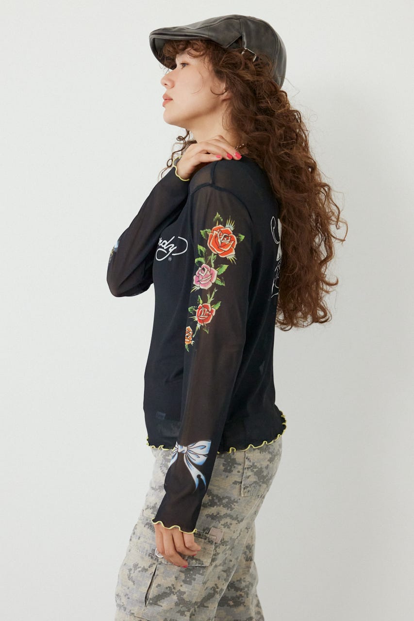 (Ed Hardy)シアーロングスリーブ Tシャツ BLK FREE