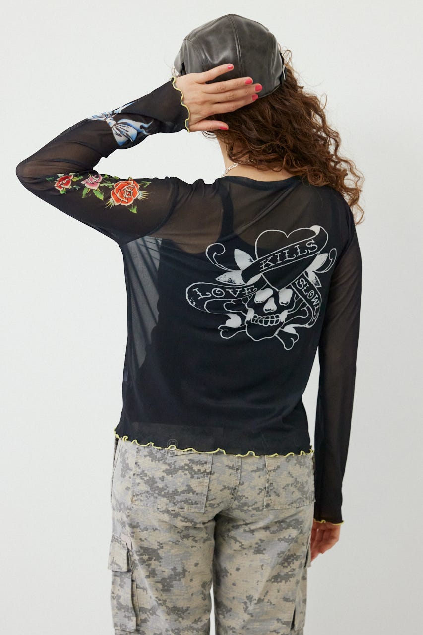 (Ed Hardy)シアーロングスリーブ Tシャツ BLK FREE