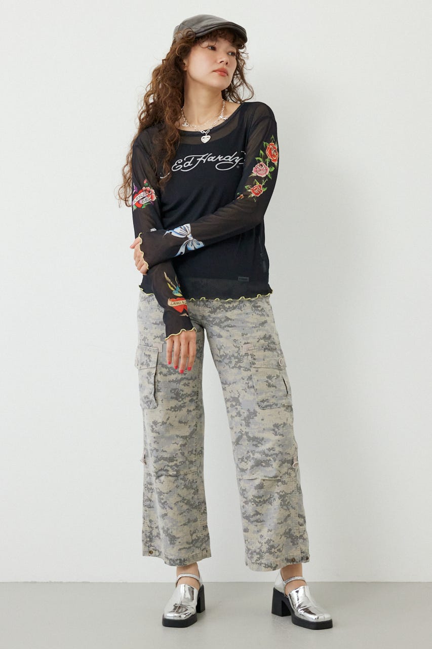 (Ed Hardy)シアーロングスリーブ Tシャツ BLK FREE