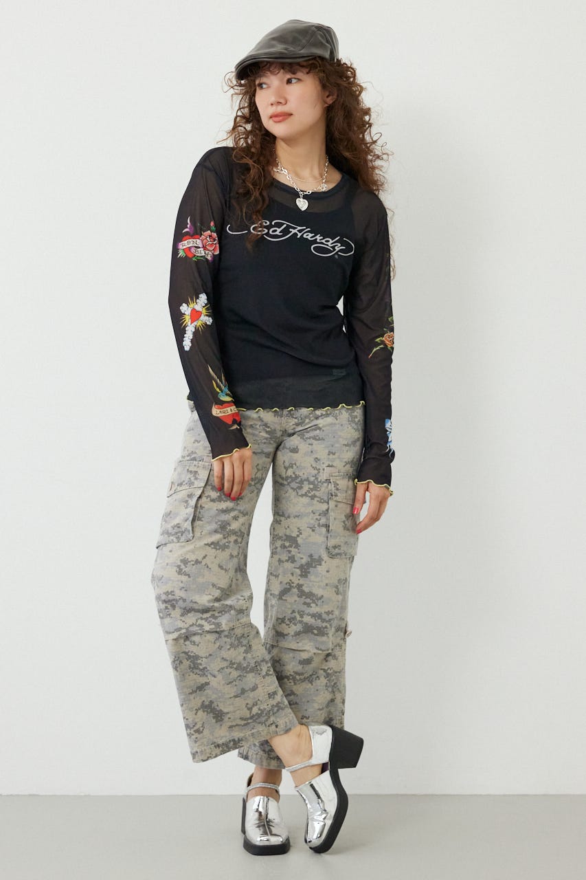 (Ed Hardy)シアーロングスリーブ Tシャツ BLK FREE