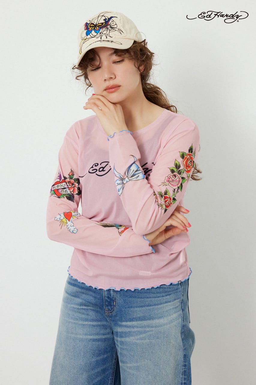 (Ed Hardy)シアーロングスリーブ Tシャツ L/PNK FREE