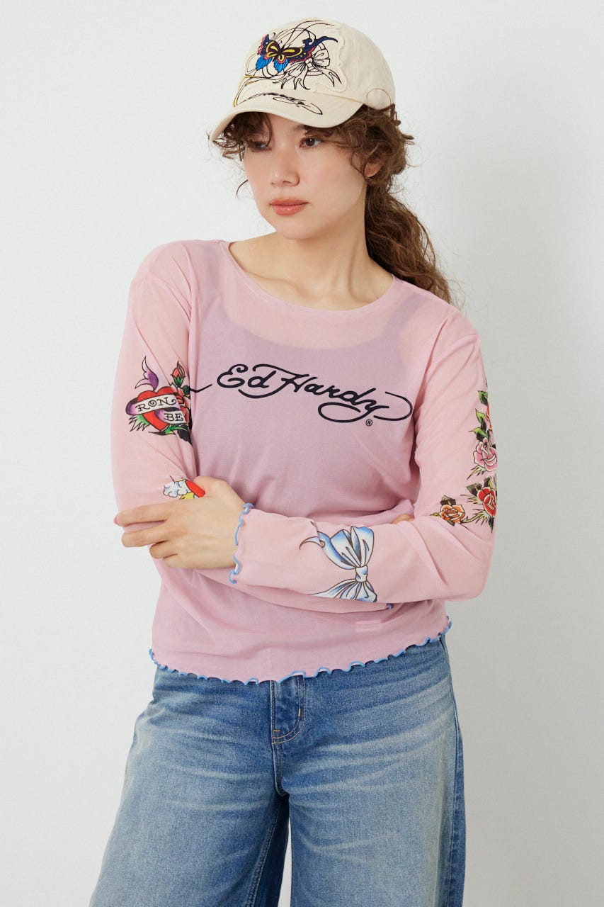 (Ed Hardy)シアーロングスリーブ Tシャツ L/PNK FREE