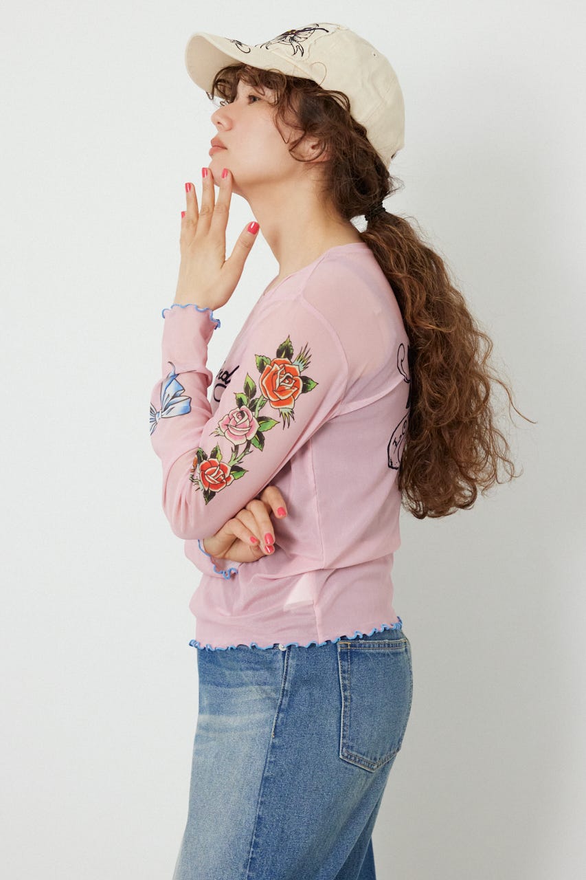 (Ed Hardy)シアーロングスリーブ Tシャツ L/PNK FREE