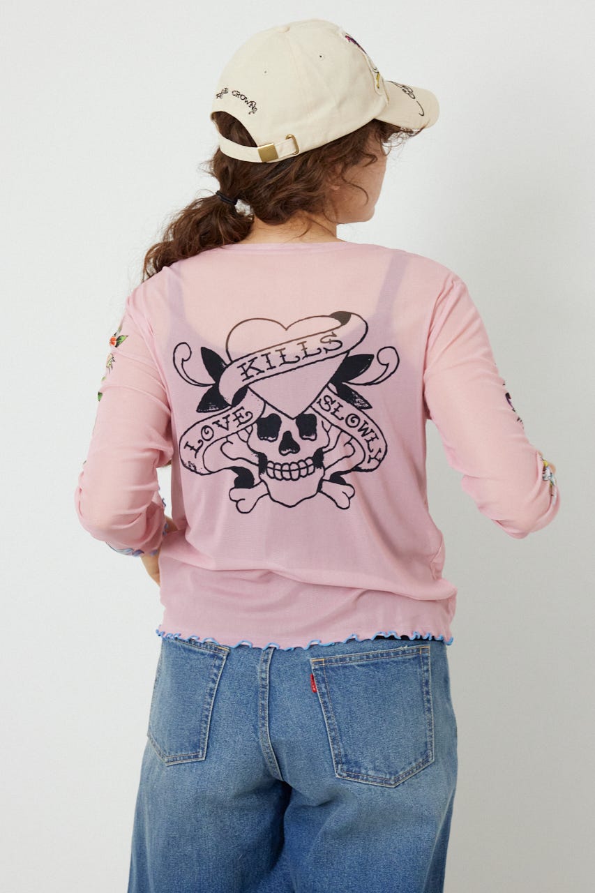 (Ed Hardy)シアーロングスリーブ Tシャツ L/PNK FREE