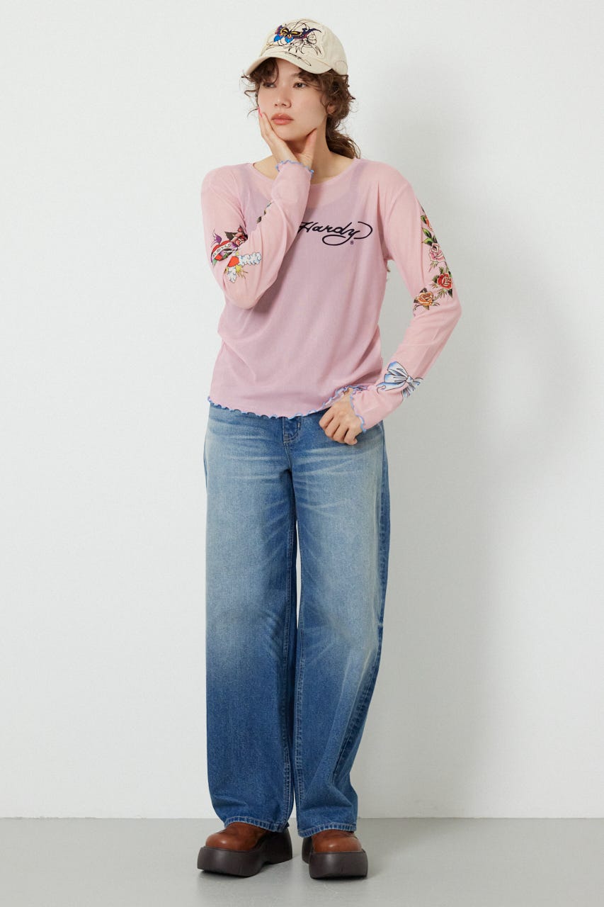 (Ed Hardy)シアーロングスリーブ Tシャツ L/PNK FREE