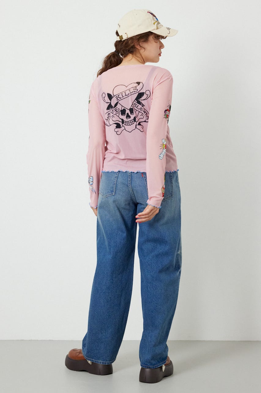 (Ed Hardy)シアーロングスリーブ Tシャツ L/PNK FREE