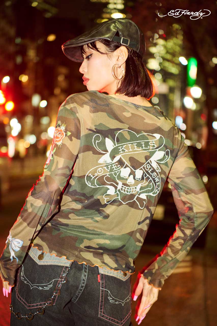 (Ed Hardy)シアーロングスリーブ Tシャツ 迷彩 FREE