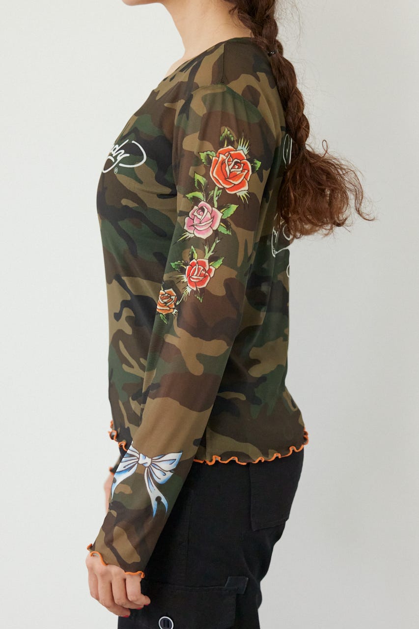 (Ed Hardy)シアーロングスリーブ Tシャツ 迷彩 FREE